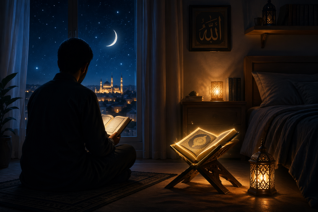 Surah Mulk benefits of reading before sleeping Islamic night scene with Quran and peaceful atmosphere