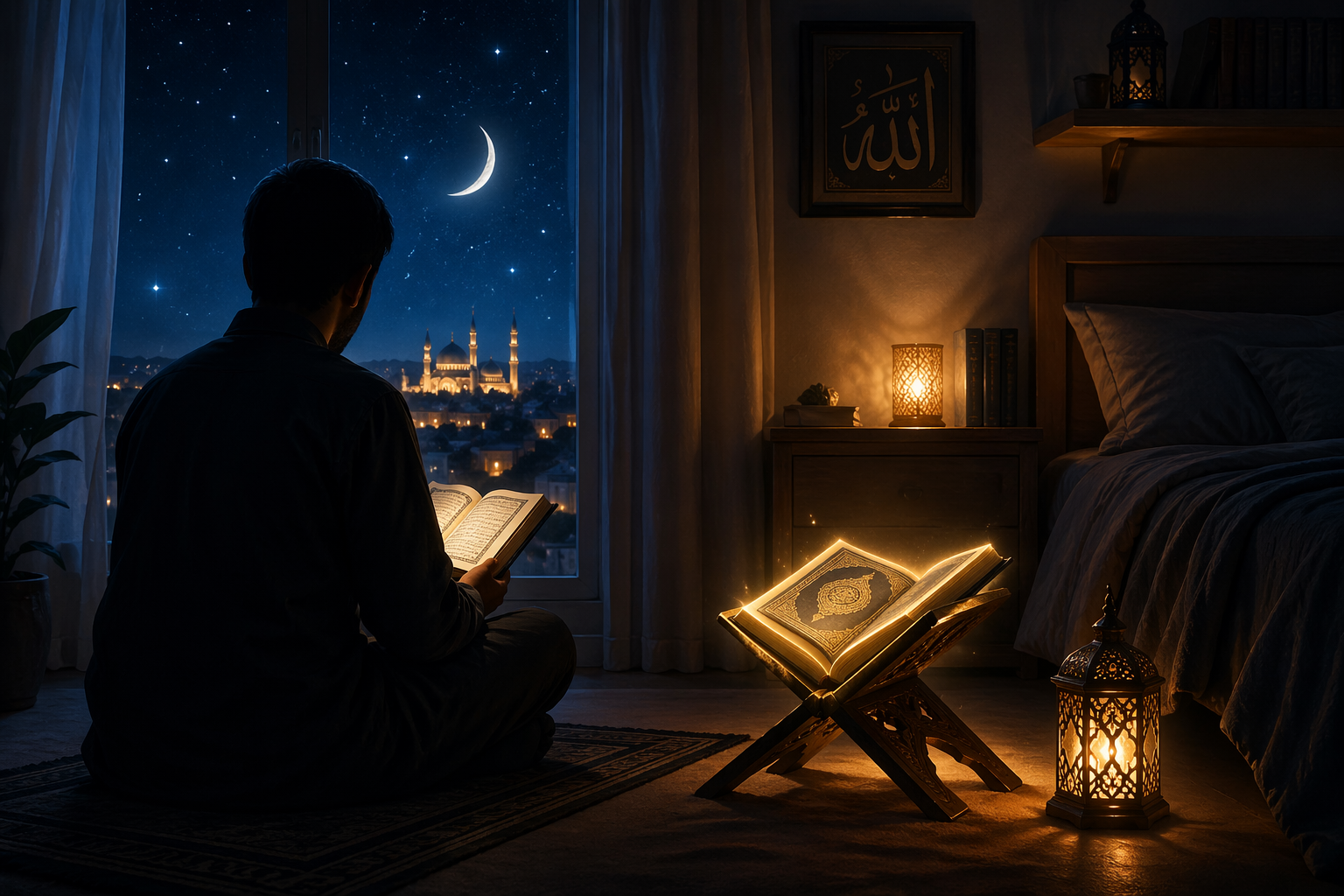 Surah Mulk benefits of reading before sleeping Islamic night scene with Quran and peaceful atmosphere