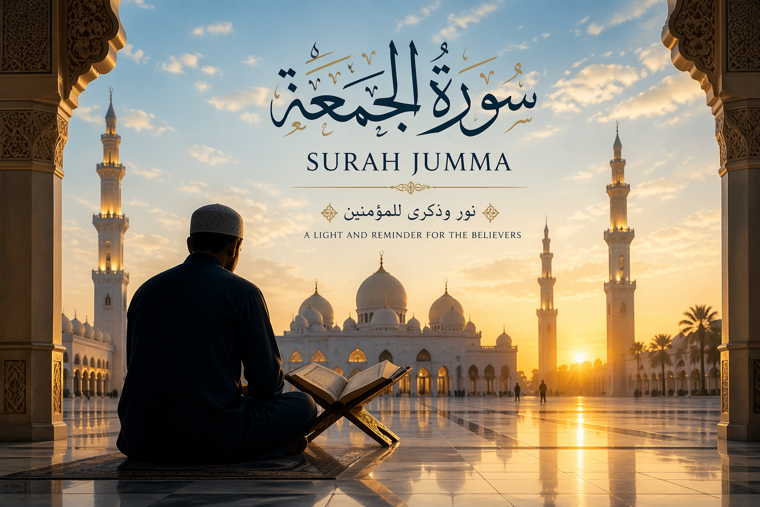 Surah Jumma benefits and Friday prayer Islamic scene with Quran recitation and mosque background