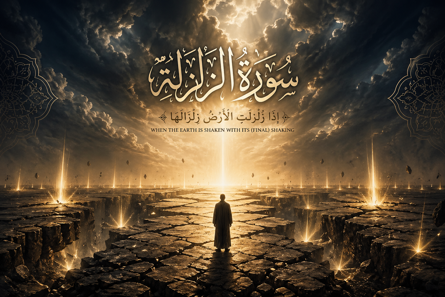 Surah Zalzalah benefits and Day of Judgment scene with cracked earth and spiritual reflection