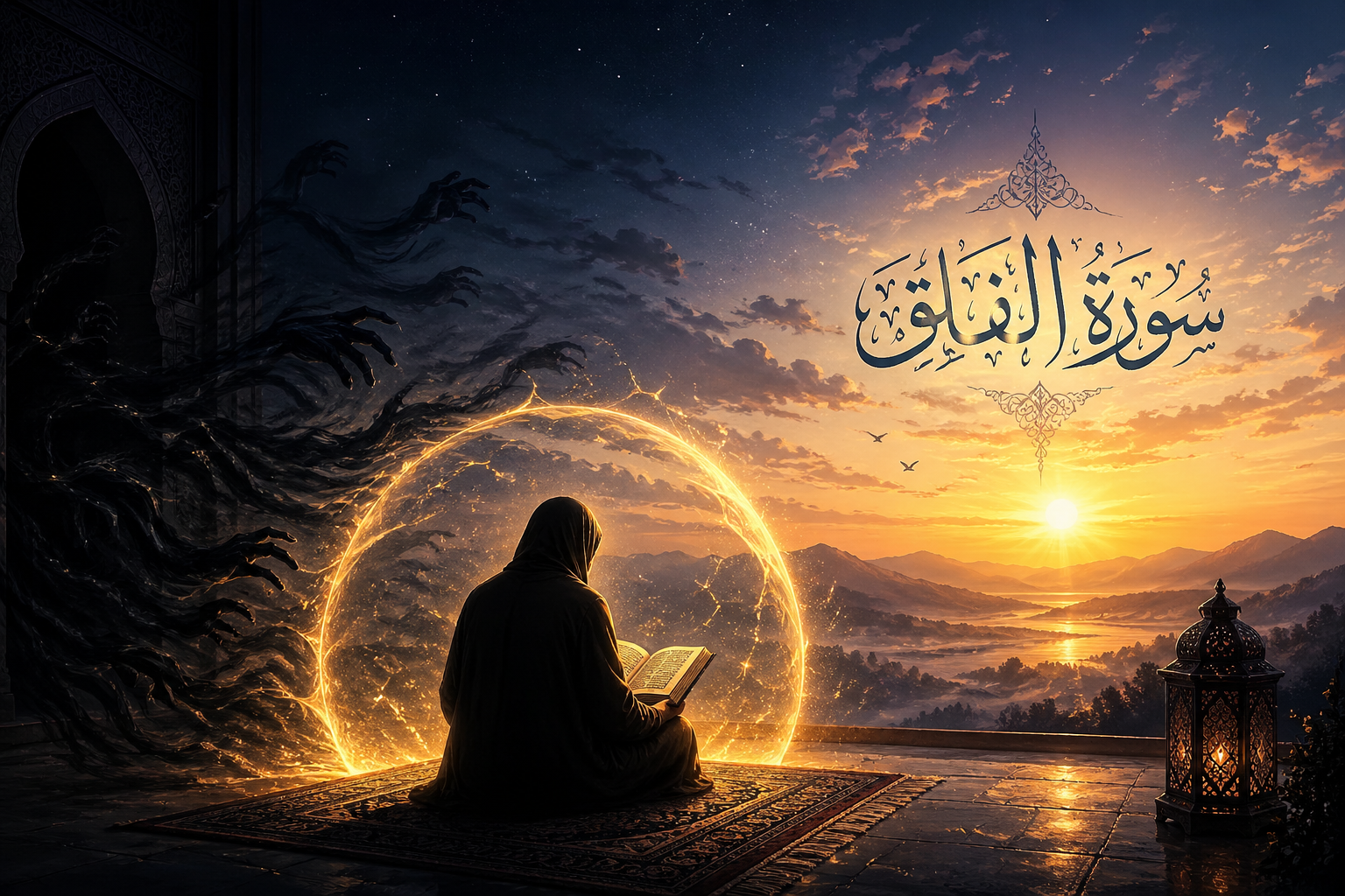 Surah Falaq benefits and protection from evil and jealousy at dawn Quran recitation scene