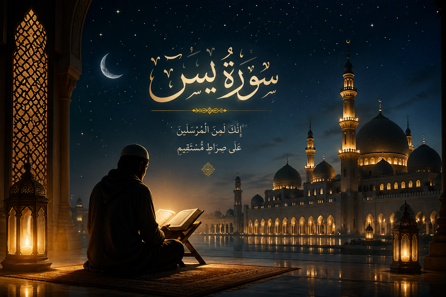 Surah Yasin benefits and spiritual healing Quran recitation night scene with mosque
