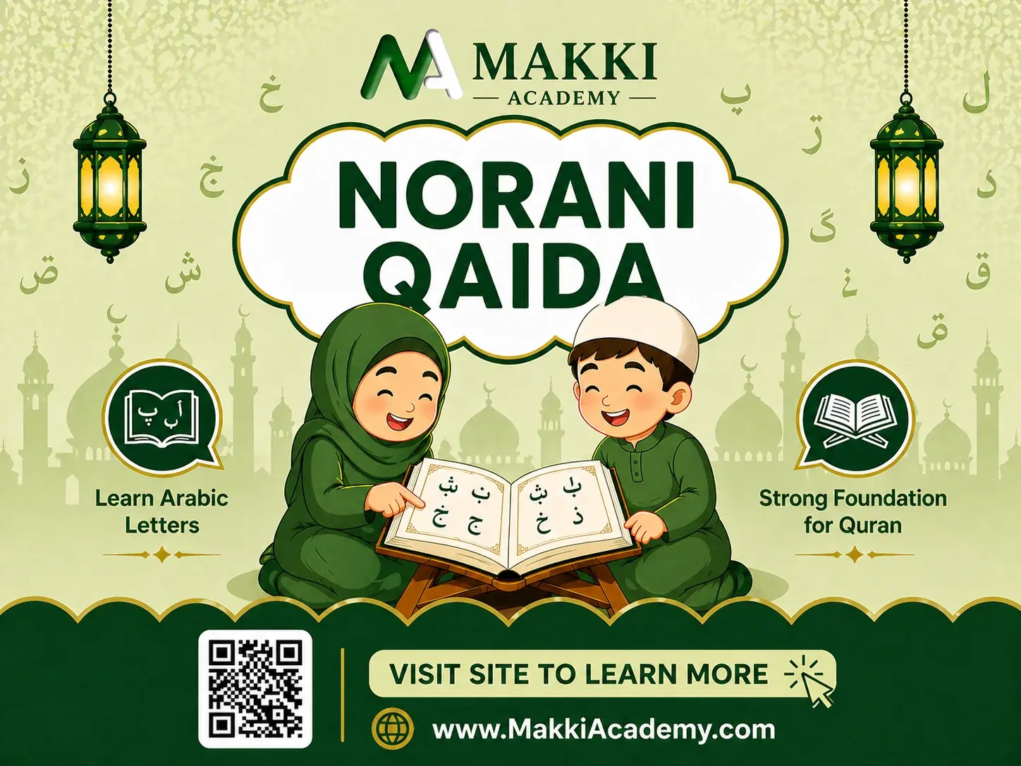 Norani Qaida classes for kids and beginners in California USA teaching Arabic letter recognition, Tajweed basics, and fluent Quran reading - makkiacademy.com
