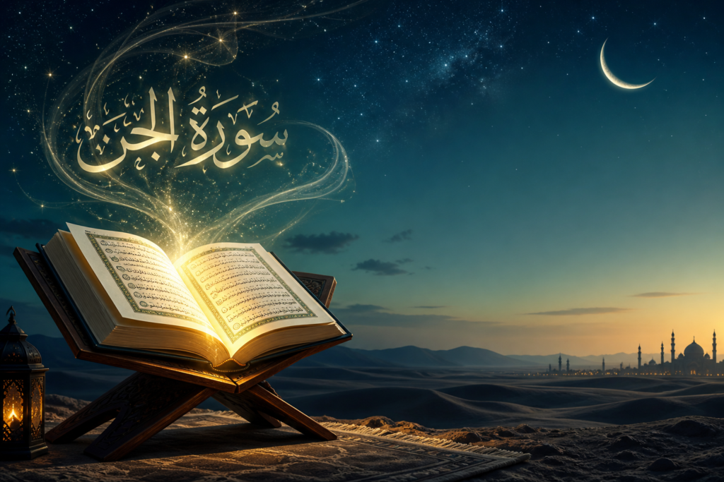 “Glowing Quran on wooden rehal under starry night with crescent moon and Surah Al-Jinn calligraphy in desert landscape”