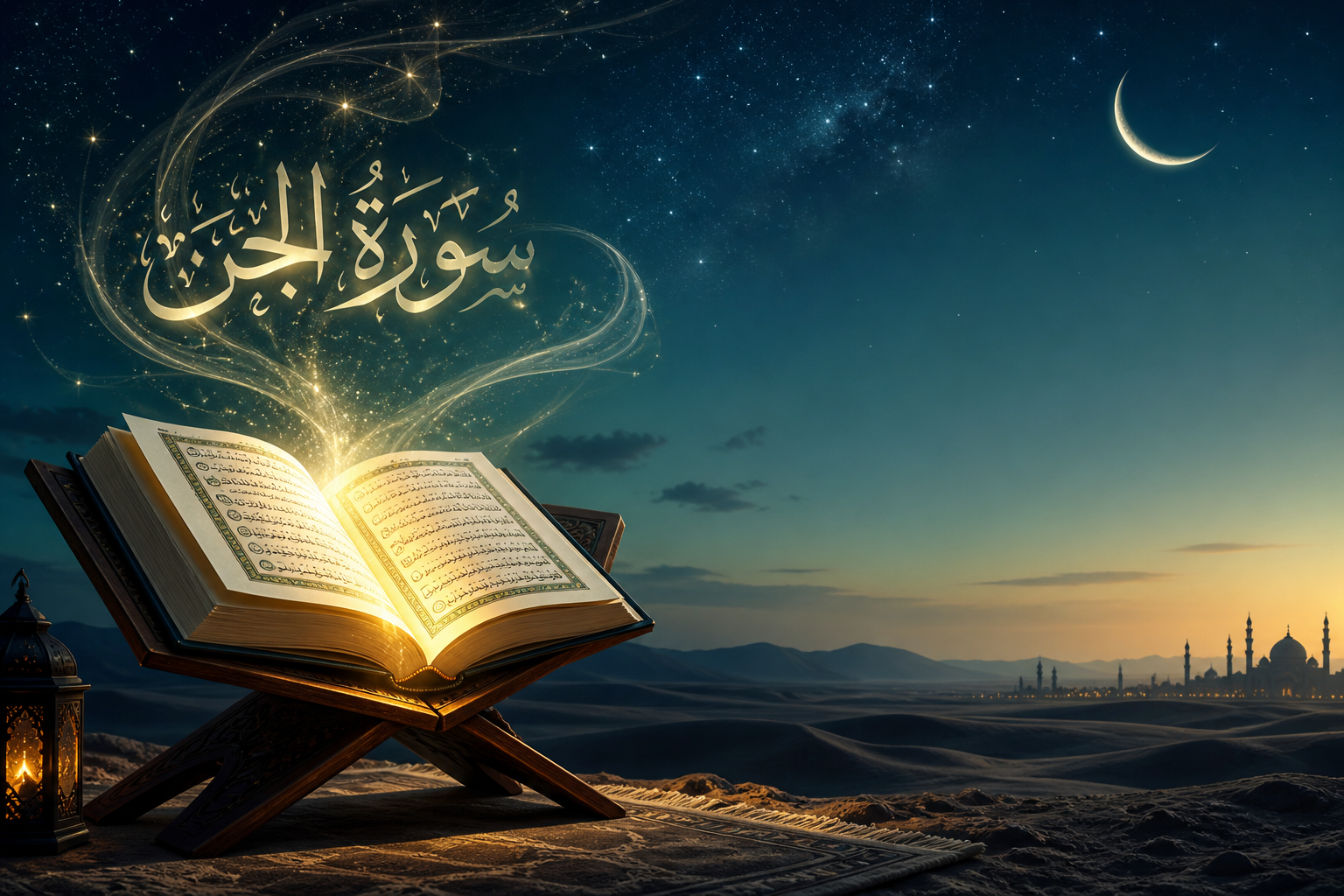 “Glowing Quran on wooden rehal under starry night with crescent moon and Surah Al-Jinn calligraphy in desert landscape”