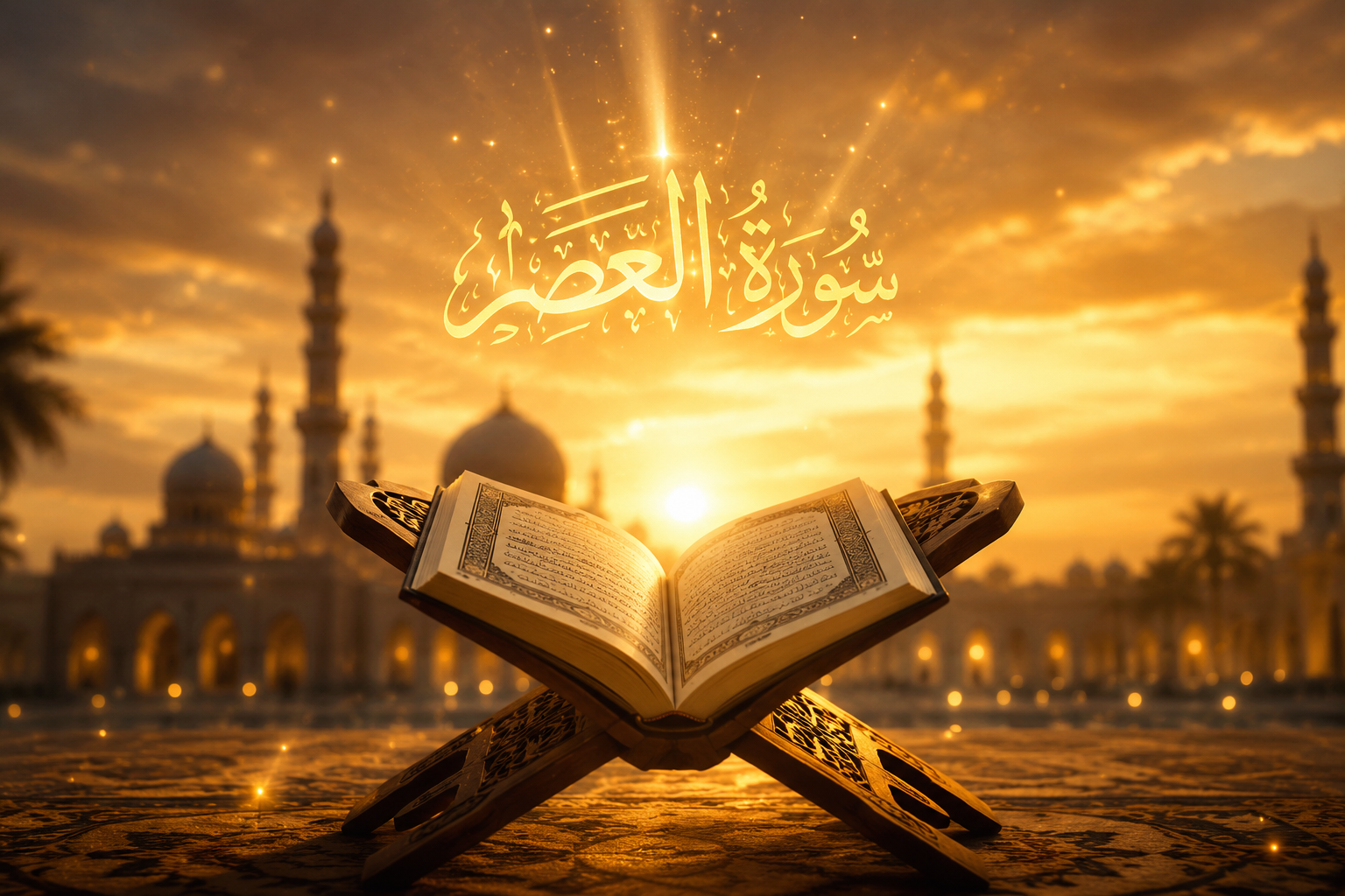 Cinematic Islamic scene of an open Qur’an on a wooden stand glowing with divine light at sunset, with mosque silhouette and golden Arabic calligraphy of Surah Asr in the sky, representing spiritual healing and peace.