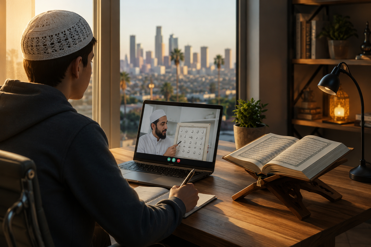 Muslim student learning Quran online at a desk with a laptop, open Quran on a rehal, warm sunlight, and blurred California skyline in the background.