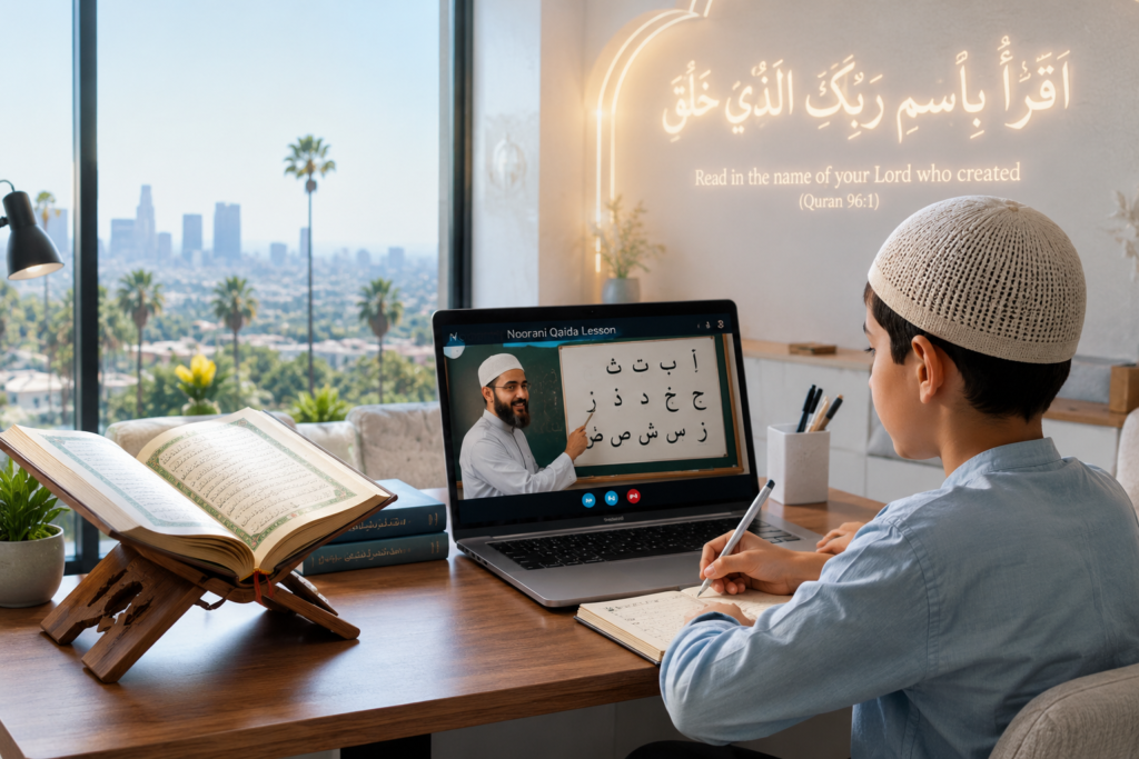 A young student learning Noorani Qaida online in a modern California home setup, attending a Quran class on a laptop with an open Quran on a wooden rehal and soft Islamic calligraphy glowing in the background.
