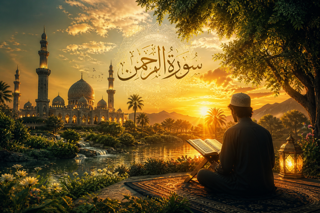 Surah Rahman benefits and blessings Quran recitation sunset Islamic scene