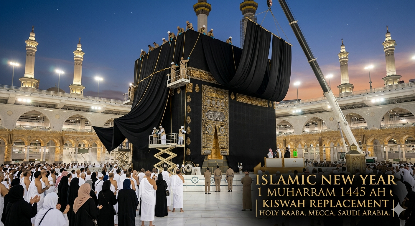 Holy Kaaba covered with the new black silk Kiswa decorated with gold embroidered Quranic verses during Islamic New Year ceremony.