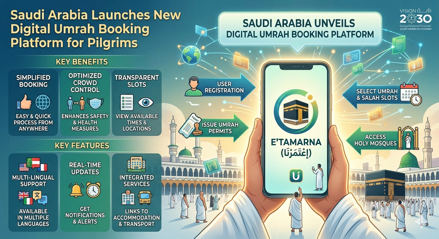 Saudi Arabia digital Umrah booking platform interface shown on mobile phone screen