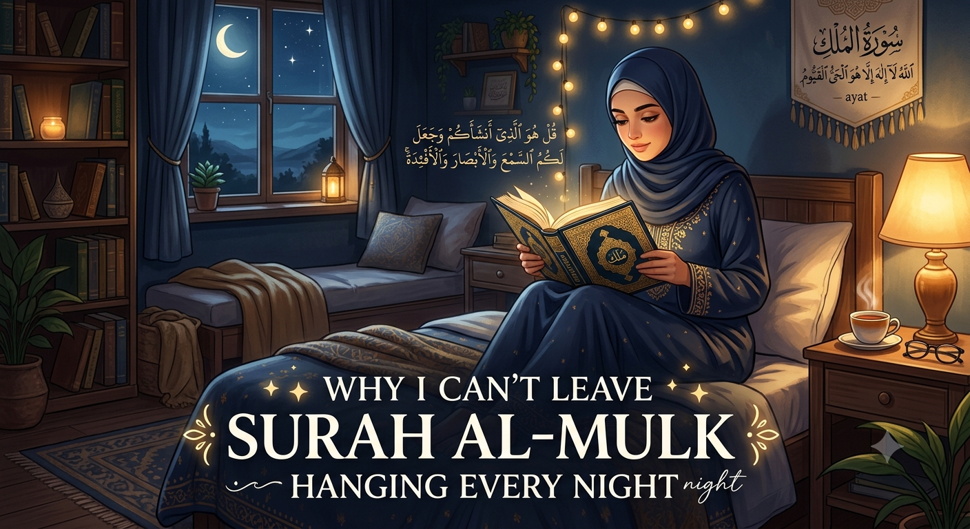 Muslim reading Surah Al-Mulk before sleeping for spiritual reflection and peace
