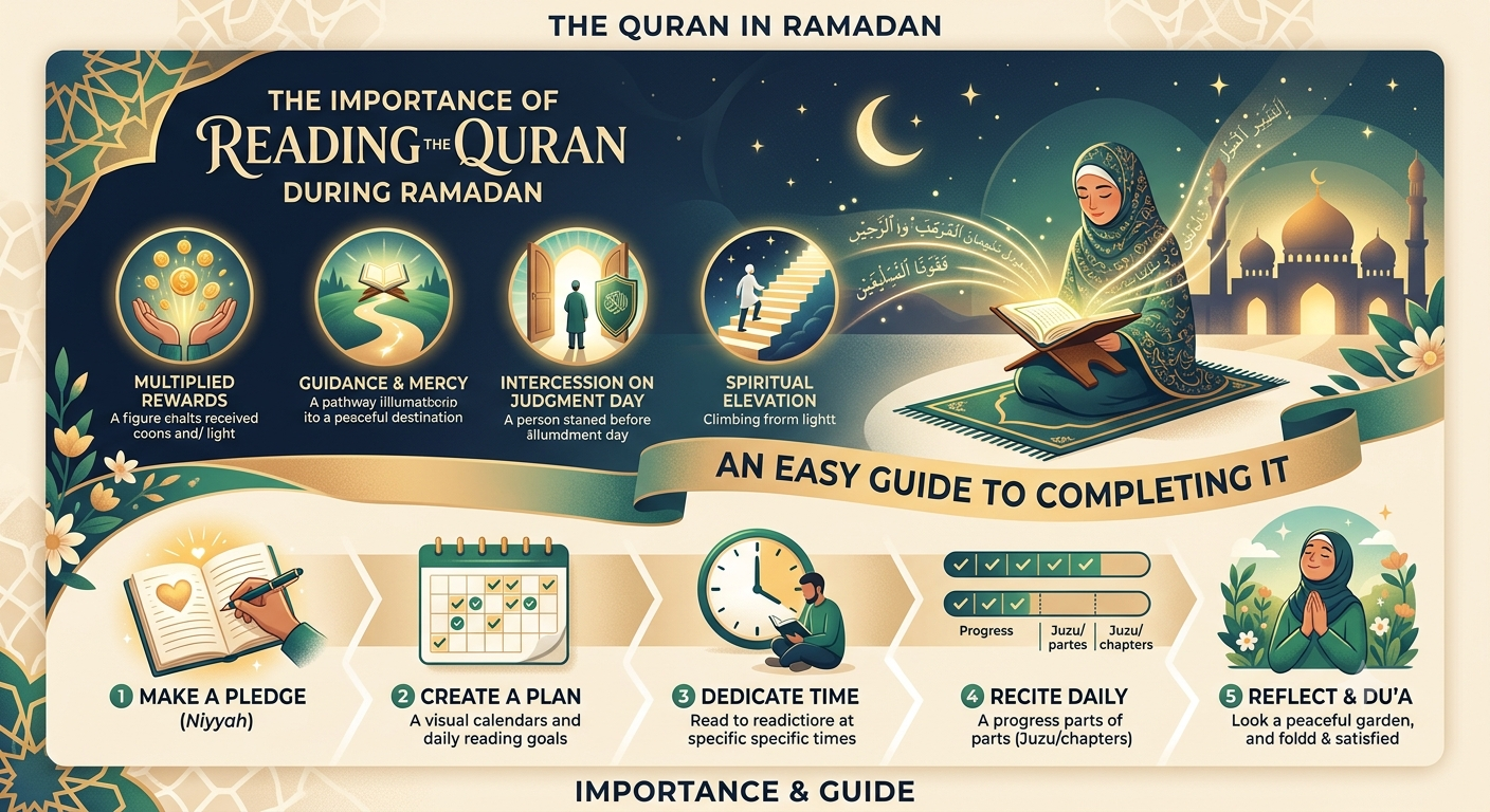 A Muslim reading the Holy Quran during Ramadan in a peaceful prayer setting, symbolizing spiritual reflection and daily Quran recitation
