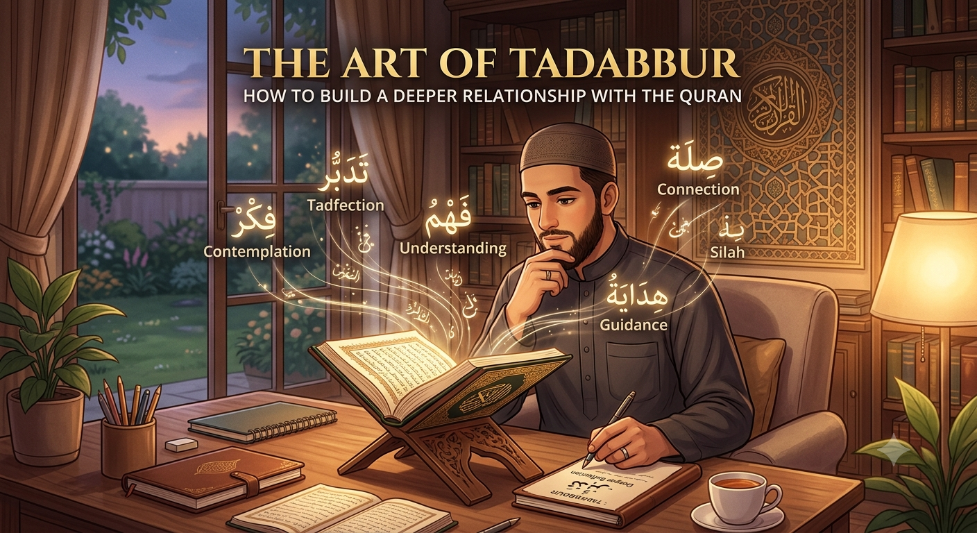 A Muslim reflecting on the Holy Quran in a peaceful setting, illustrating the practice of Tadabbur and deep contemplation of Allah's words